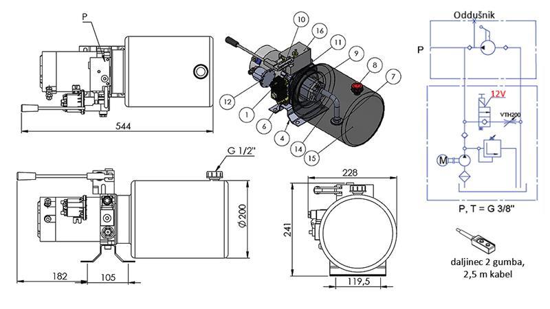 MINI HYDRAULICKÝ AGREGÁT 12V DC - 1.6kW = 2.1cc - 8 lit - jednosmerná zostava S RUKOVÄŤOVOU PUMPOU