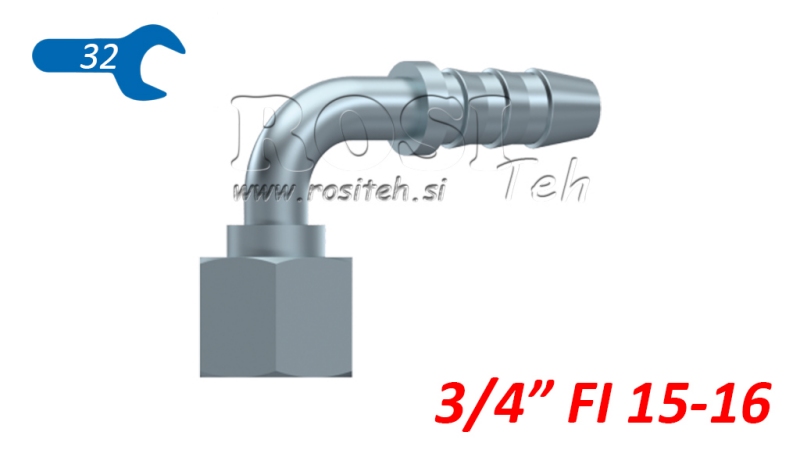 CONECTOR HIDRAULIC FEMELĂ 3/4 COLȚ 90° PENTRU FURTUN DIN CAUCIUC Φ 15-16