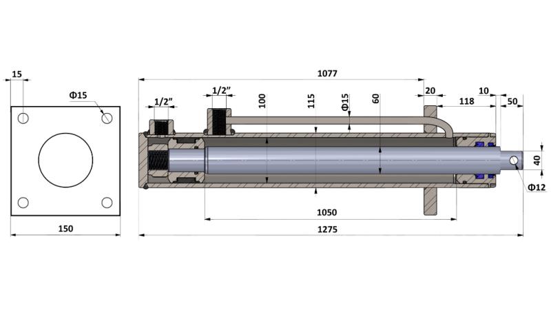 CILINDRO IDRAULICO CON PIASTRA DI MONTAGGIO 100/60-1050 CON TUBI