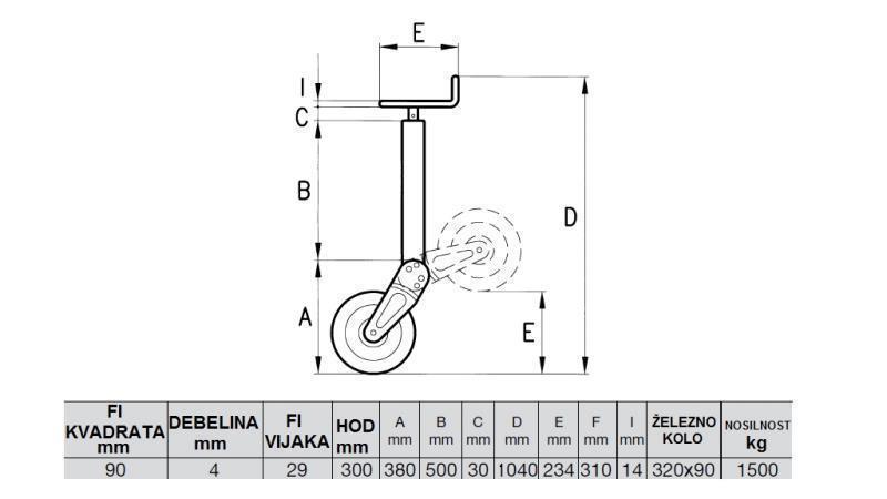 MENET TÁMOGATÓ LÁB 300mm - 1500KG TÁMOGATÓ KEREKKE