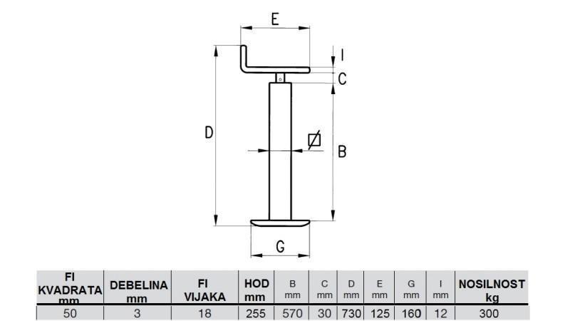 ВИНТОВА ПОДПОРНА НОГА (ВИСОЧИНА 730mm - ХОД 255mm) - 300KG