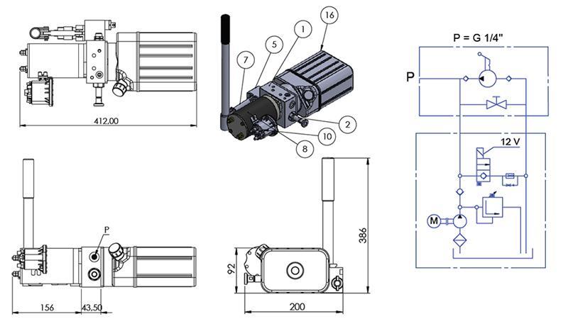 AGGREGAT HYDRAULIQUE MINI 12V CC - 0.8kW = 0.5cc - 1.5 lit - unité monophasée (PVC) avec pompe manuelle