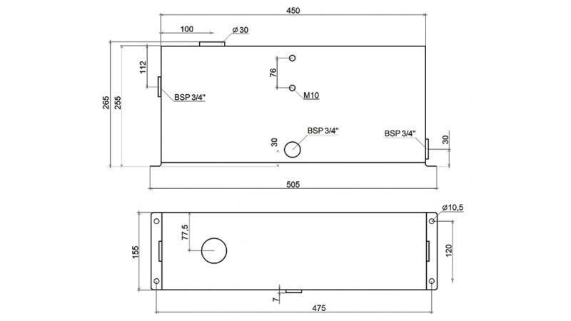 METAL RESERVOIR 12 LITER KUBE 255x120x450mm KOMPLET MED Udstyr