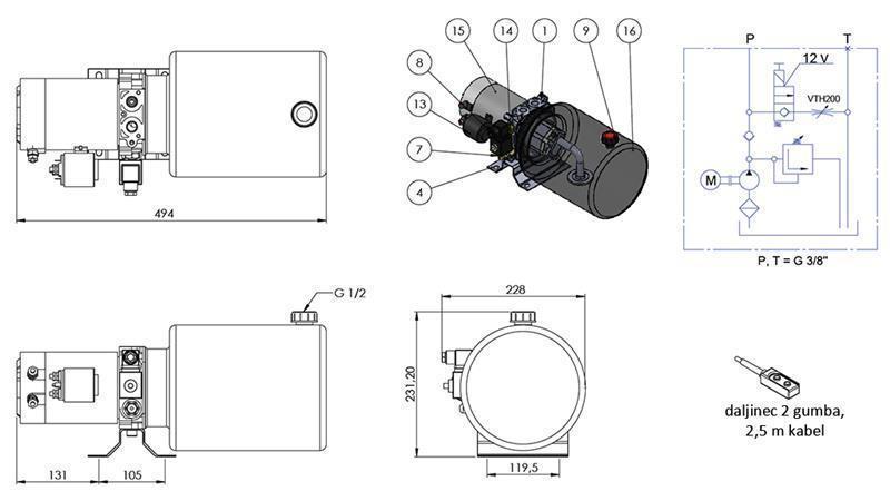 MINI HIDRAULIČNI AGREGAT 12V DC - 1,6kW = 2,1cc - 8 lit - jednosmjerni sklop ( metalni )