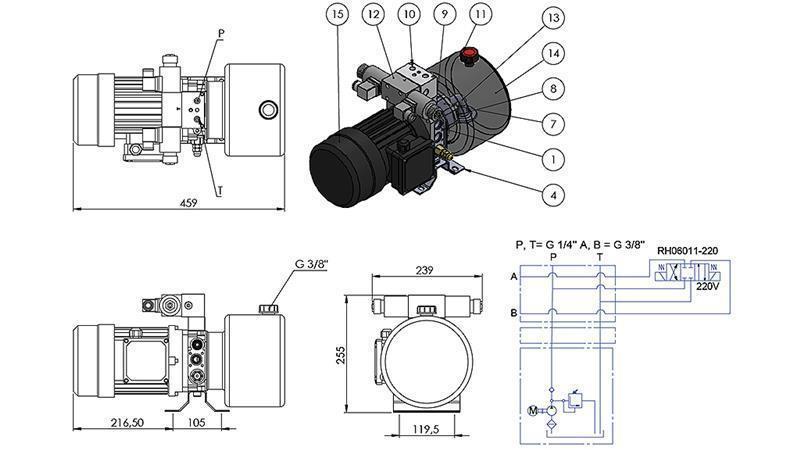 MINI HYDRAULIKAGGREGAT 380V AC (0.75 kW) - 3.7 cc - 5.2 lit/min - tank 4 lit