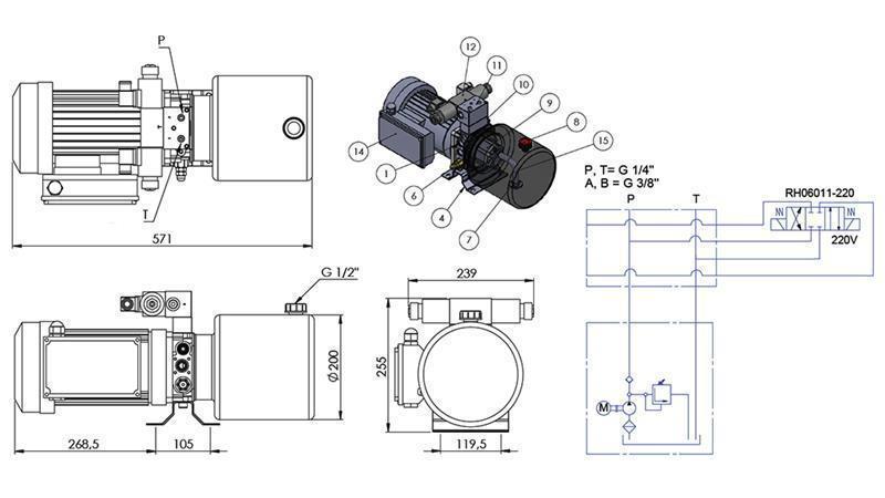 MINI HYDRAULISK AGGREGAT 230V AC (1.5 kW) - 5.8 cc - 8.2 lit/min - tank 6 lit