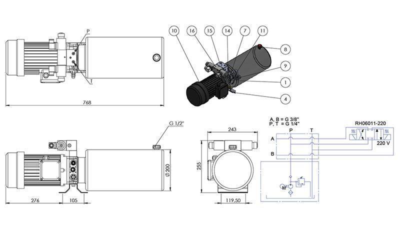 MINI HYDRAULISK AGGREGAT 380V AC (2.2 kW) - 8.0 cc - 11.2 lit/min - tank 12 lit