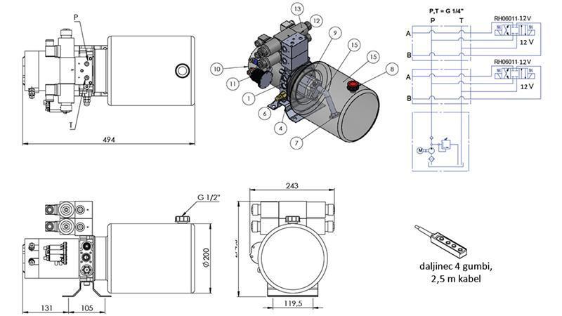 MINI HYDRAULIC POWER-PACK 12V DC - 1,6kW = 2,1cc - 8 lit - 2x two way assembly (metal)