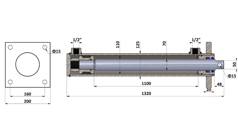 HYDRAULINEN SYLINTERI PUUHAKKEELLE ASENNUKSEN KANSSA 110/70-1100