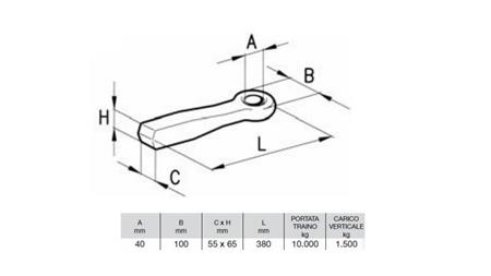 VLEČNA KLJUKA FIKSNA FI40 55x65 L380 - 10000KG/1500KG - dimenzije