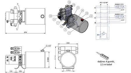 MINI HYDRAULIC POWER-PACK 12V DC - 1,6kW = 2,1cc - 8 lit - 2x two way assembly (metal)