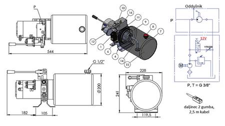 MINI HYDRAULIC POWER-PACK 12V DC - 1,6kW = 2,1cc - 8 lit - one way assembly (metal) with HAND PUMP