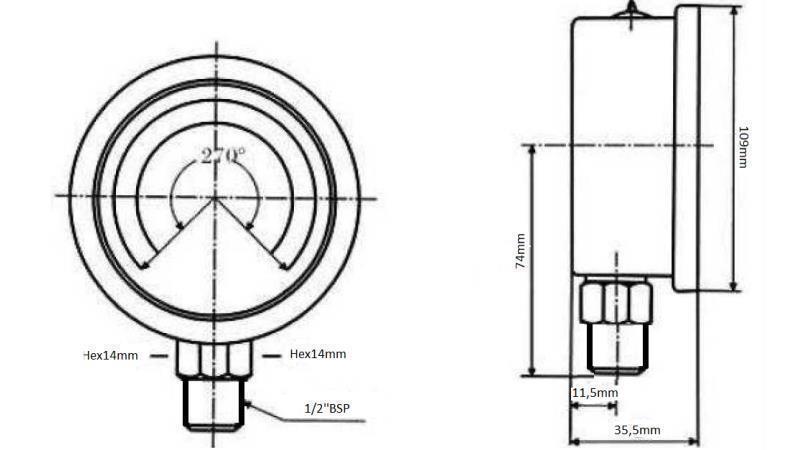 MANOMETER DN100 VERTIKAL 0 - 25 BAR - 1/2-dimensioner