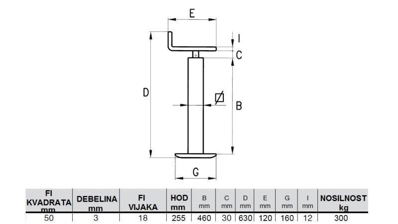 GAMBA DI SUPPORTO FILETTATA (ALTEZZA 630mm - CORSA 255mm) - 300KG